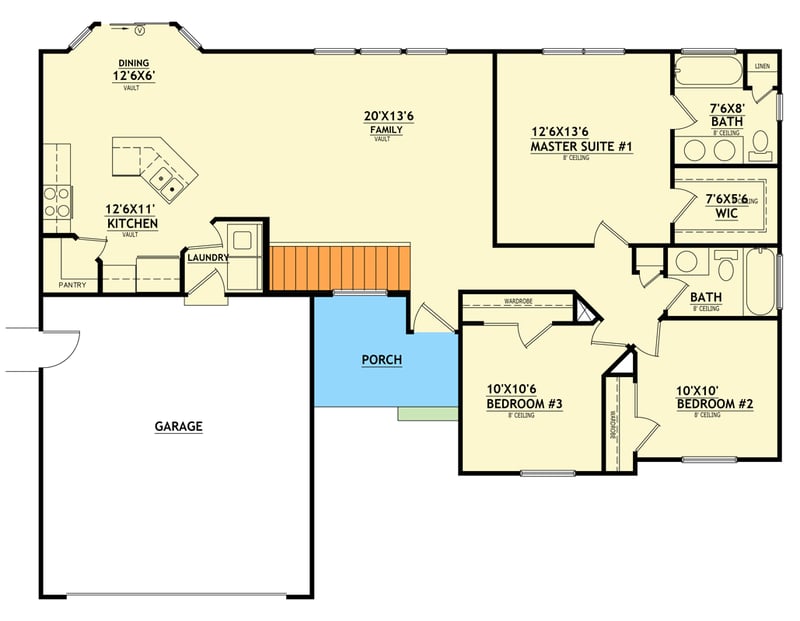 Plan 849131PGE: Three Bedroom Traditional House Plan with Two Car Garage - Floor Plan - Main Level - Country, Ranch, Traditional