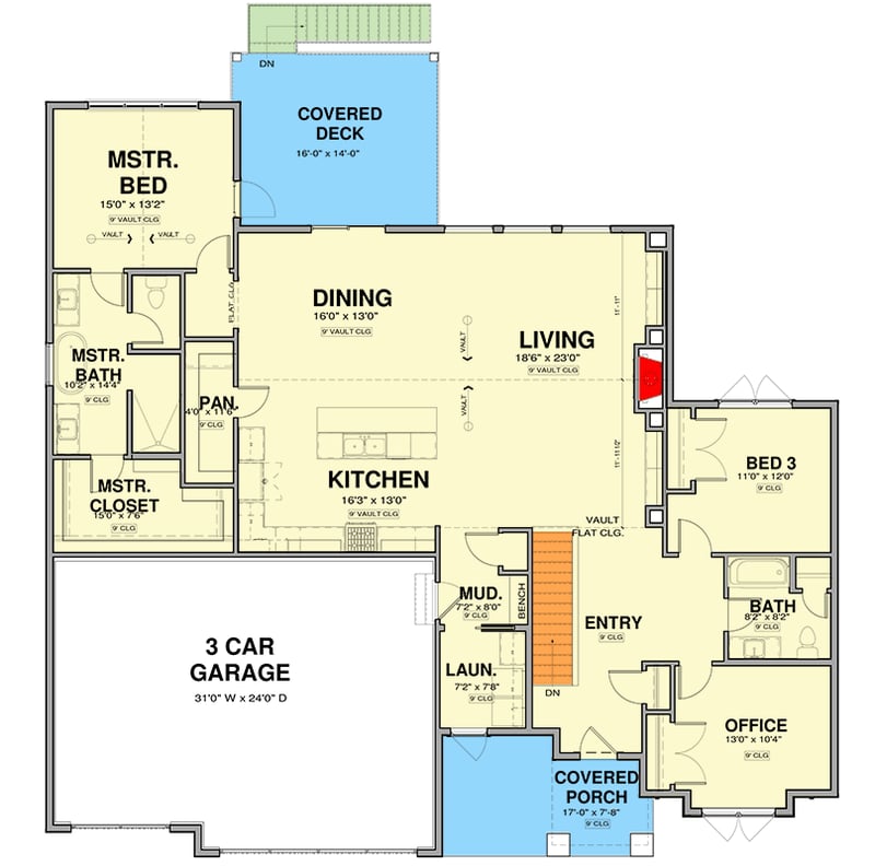 Plan 600023PDZ: Modern Farmhouse House Plan with Three-Car Garage and Split Bedrooms - Floor Plan - - Country, Craftsman, Modern Farmhouse, New American, Traditional