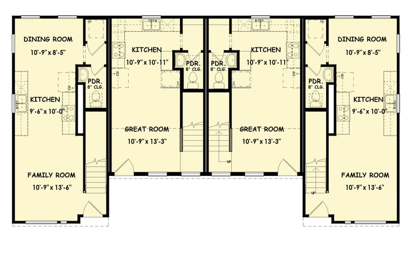 Plan 100376GHR: Transitional Farmhouse Multifamily Plan with Distinct Residential Units - Floor Plan - Main Level - Modern Farmhouse, Transitional