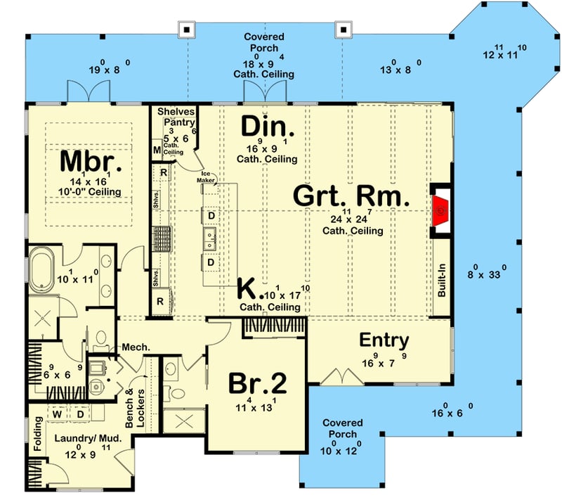 Plan 623660DJ: Charming Beach Cottage House Plan with Wraparound Porch and Two Bedrooms - Floor Plan - Main Level - Slab/Crawl Option - Beach, Cottage, Country