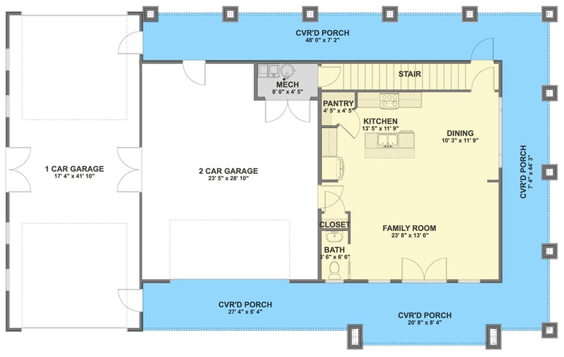 Plan 61765UT: Modern Farmhouse-Style Barndominium Plan with Three-Car Garage and Wraparound Porch - Floor Plan - Main Level - Barndominium, Modern Farmhouse