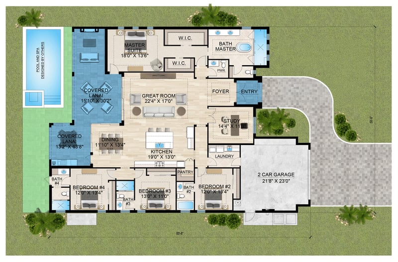 Plan 65774BS: Contemporary Florida-Style House Plan with 4 Bedrooms and 2-Car Garage - Floor Plan - - Contemporary, Florida-Style, Modern