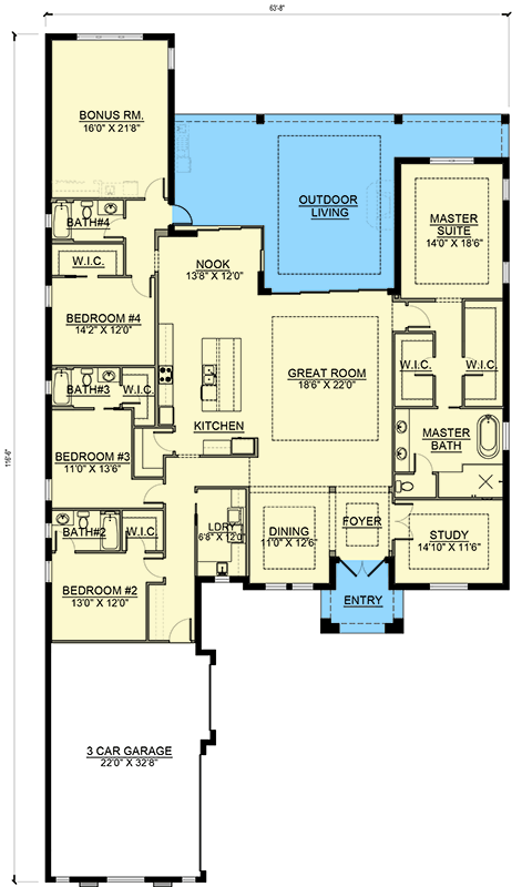Plan 65782BS: Contemporary Florida Style House Plan with 4 Bedrooms and Courtyard Entry - Floor Plan -  - Contemporary, Florida-Style, Modern