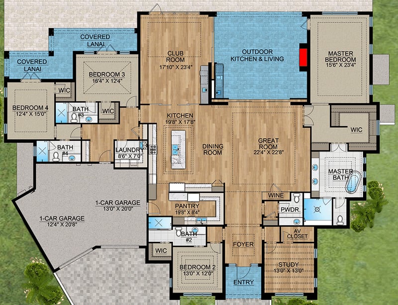 Plan 65785BS: Modern Estate House Plan: 4 Beds, 4 Baths, 4,365 sq. ft. with Outdoor Living and Wine Room - Floor Plan - - Coastal Contemporary, Contemporary