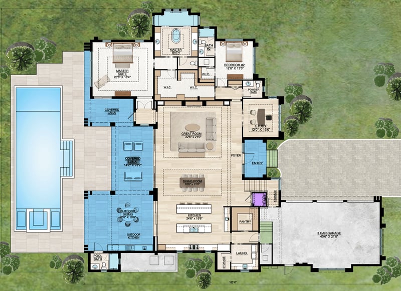 Plan 65795BS: Contemporary Florida Style House Plan with 6 Bedrooms and Rooftop Deck - Floor Plan - Main Level - Contemporary, Florida-Style, Modern