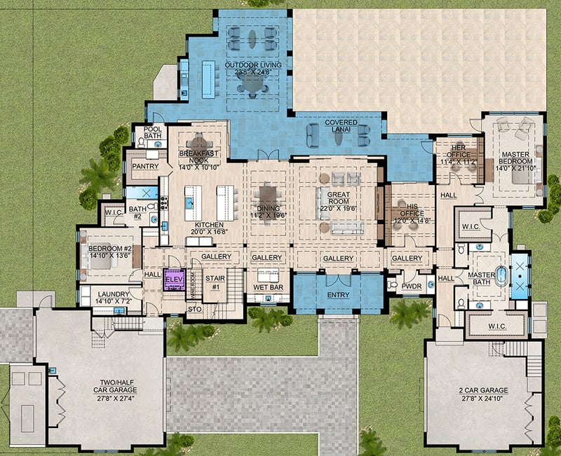 Plan 65796BS: Luxury Coastal Contemporary House Plan with 6 Bedrooms and Courtyard Garage - Floor Plan - - Coastal, Coastal Contemporary