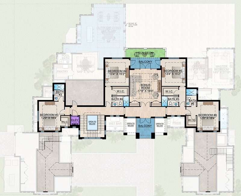 Plan 65796BS: Luxury Coastal Contemporary House Plan with 6 Bedrooms and Courtyard Garage - Floor Plan - - Coastal, Coastal Contemporary