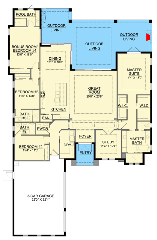 Plan 65812BS: Contemporary Florida Style House Plan with 4 Bedrooms and 3-Car Garage - Floor Plan - - Contemporary, Florida-Style