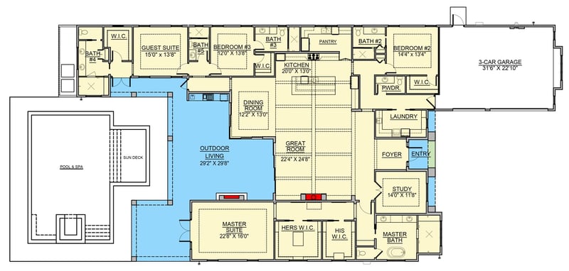 Plan 65824BS: Contemporary Four-Bedroom House Plan with Three-Car Courtyard Garage - Floor Plan -  - Contemporary, Modern
