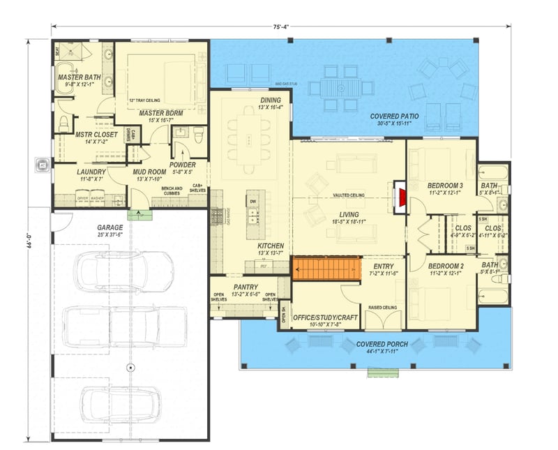 Plan 64572SC: 3-Bed Modern Farmhouse with Private Master Suite - Floor Plan -  - Country, Farmhouse, Modern Farmhouse, Ranch