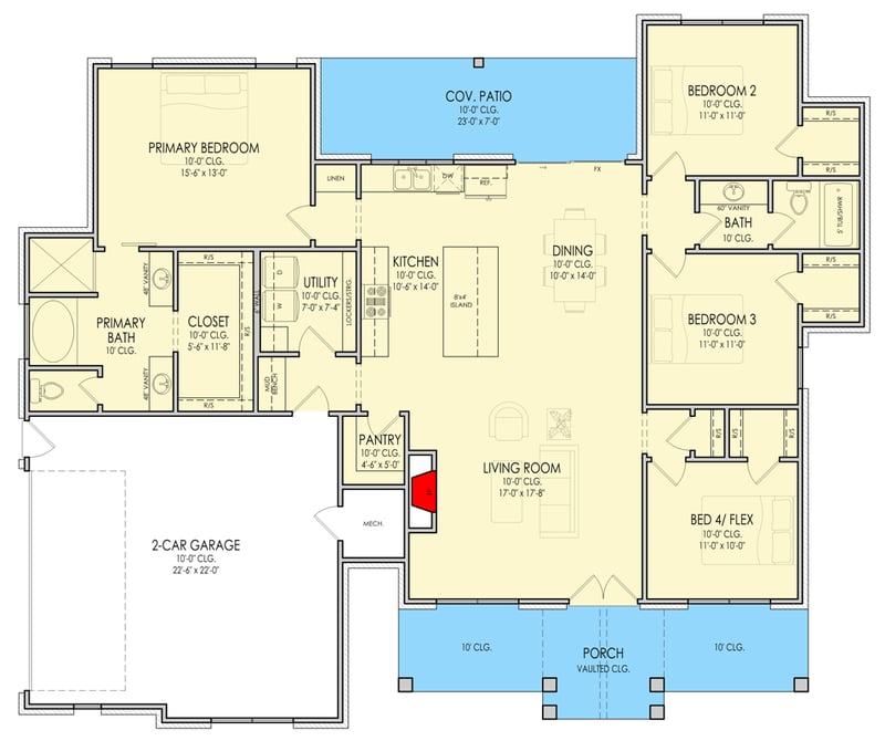 Plan 880023HLN: Modern Farmhouse House Plan with 3-4 Bedrooms and Spacious Covered Porches - Floor Plan - - Country, Craftsman, Modern Farmhouse, New American, Transitional