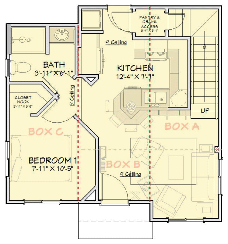Plan 431008BOX: Compact Modern Two-Bedroom House Plan with Rooftop Deck - Floor Plan - Main Level - Contemporary, Modern, Transitional