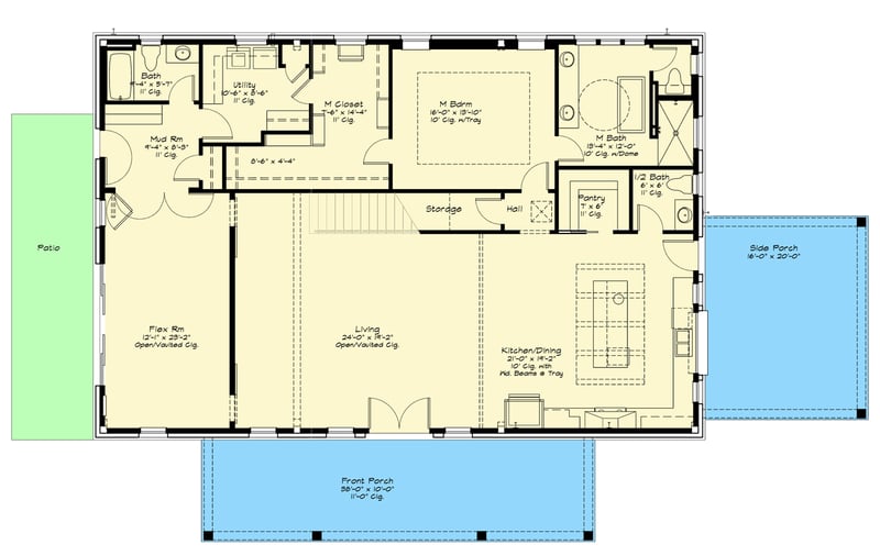 Plan 125014LEW: Modern Barndominium House Plan with 4 Bedrooms and Two-Story Great Room - Floor Plan - Main Level - Barndominium, Country, Modern Farmhouse, New American