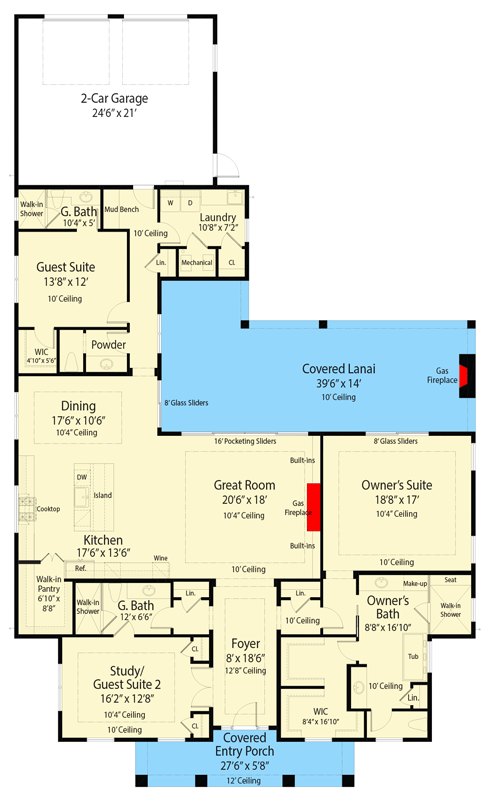 Plan 33283ZR: 3-Bed Contemporary Prairie House Plan with Wraparound Lanai and Alley Garage - Floor Plan - - Contemporary, Florida-Style, New American, Prairie