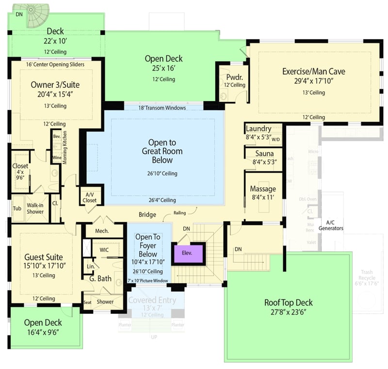Plan 33284ZR: Coastal Contemporary House Plan with 3 Bedrooms and Rooftop Deck - Floor Plan - 2nd Level - Coastal Contemporary, Contemporary, Transitional
