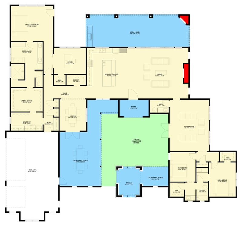 Plan 150036HRP: Sprawling Spanish Ranch House Plan with Courtyard and Three Bedrooms - Floor Plan -  - Ranch, Spanish