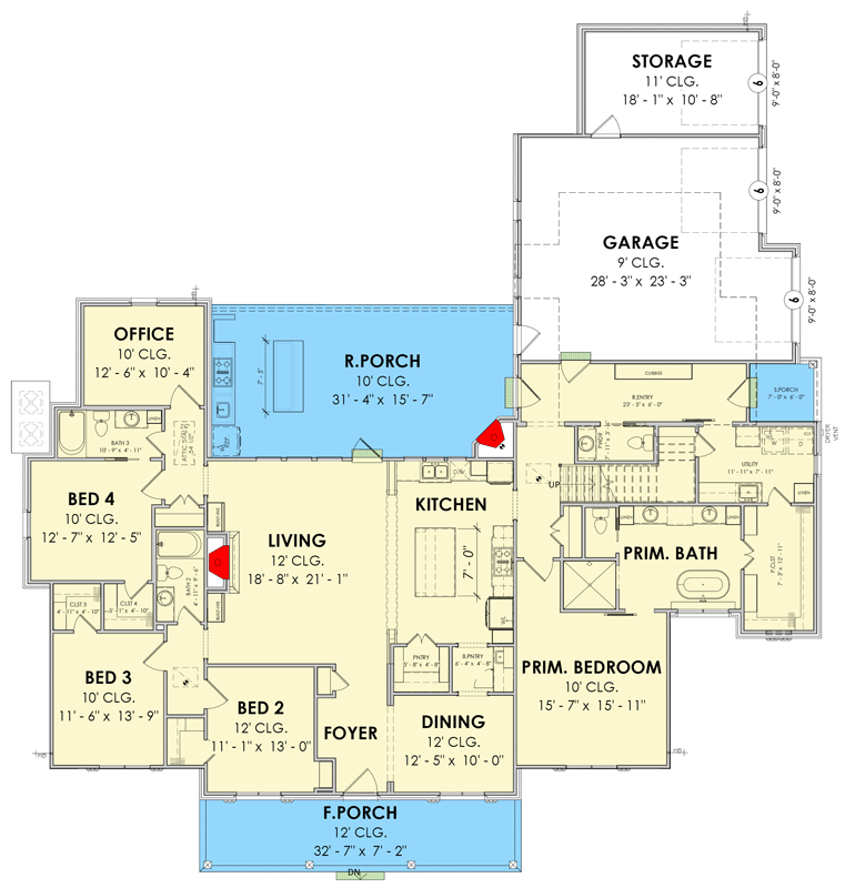 Plan 185052PHD: Elegant Southern Acadian House Plan with 4 Bedrooms and Bonus Space - Floor Plan - Main Level - Acadian, Cottage, French Country, Southern