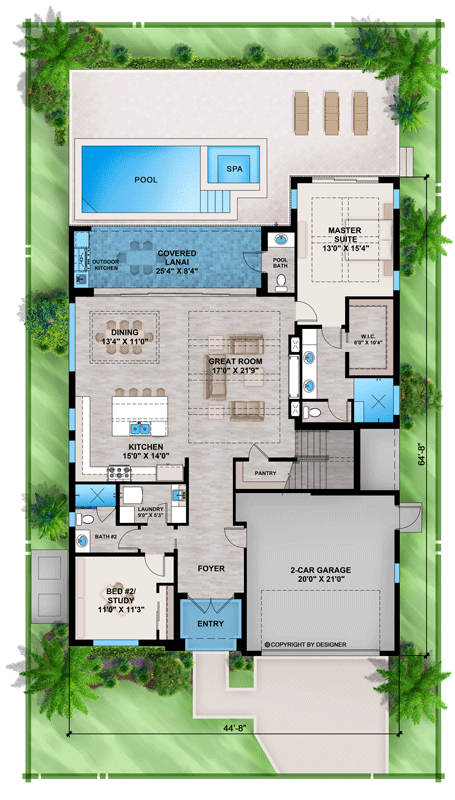 Plan 86164BW: Coastal Contemporary Florida Style House Plan with 4 Bedrooms and Lanai - Floor Plan - Main Level - Coastal Contemporary, Florida-Style