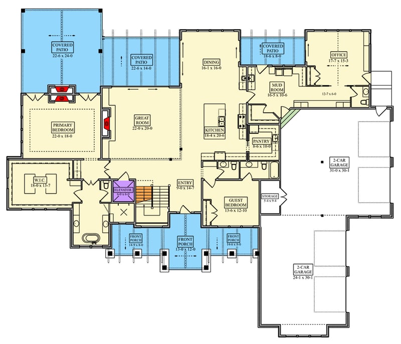 Plan 95383RW: Luxurious Mountain New American House Plan with 4-Car Garage - Floor Plan - Main Level - Mountain, New American