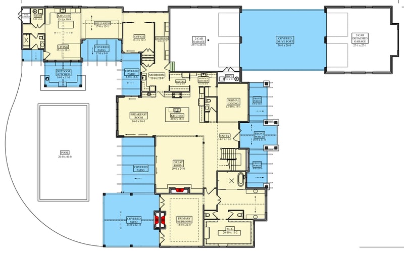 Plan 95384RW: Luxurious Mountain House Plan with 4 Bedrooms and 4-Car Garage - Floor Plan - Main Level - Mountain, New American