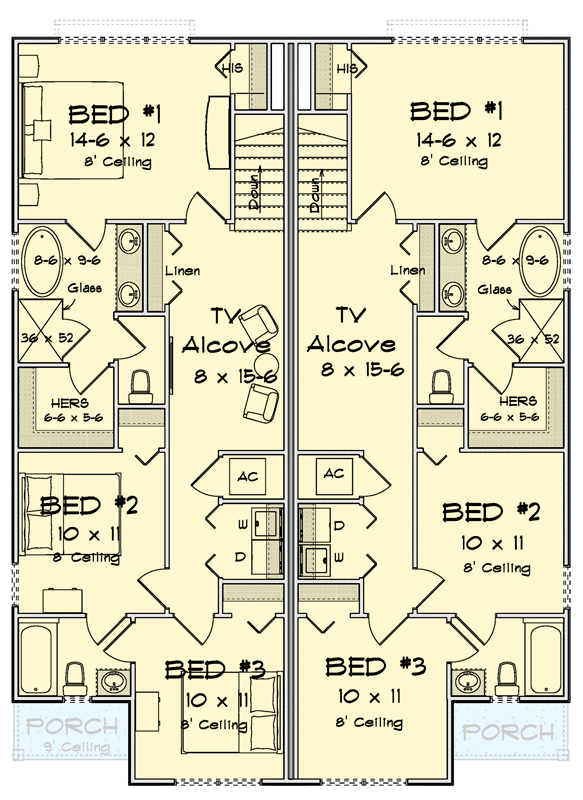 Plan 52575WM: Modern Two-Story Duplex House Plan with Three Bedrooms - Floor Plan - 2nd Level - Modern, Traditional