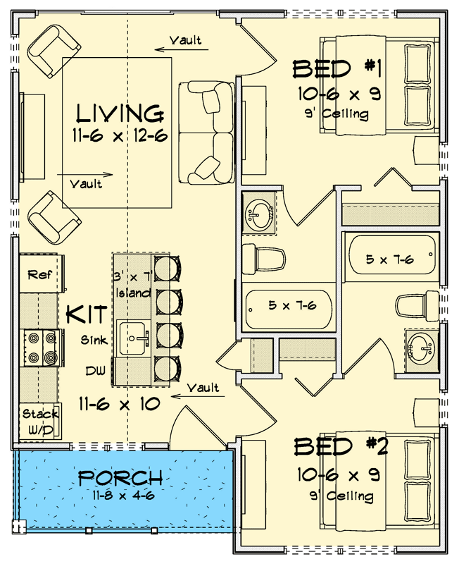 Plan 52582WM: Two Bedroom Cottage House Plan with Efficient Floor Layout - Floor Plan - - Cottage, Country, Ranch