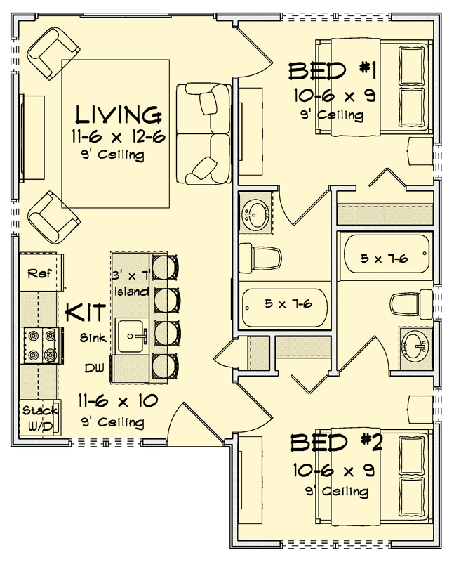 Plan 52583WM: Compact Modern Ranch House Plan with Two Bedrooms and Two Baths - Floor Plan -  - Modern, Ranch