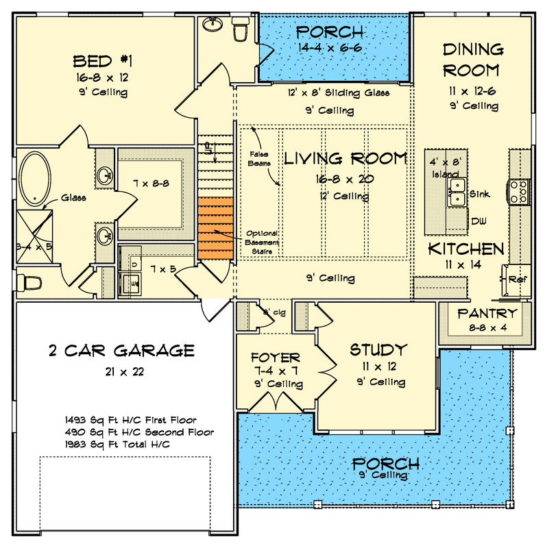 Plan 52584WM: Farmhouse Cottage House Plan with Three Bedrooms and Bonus Room - Floor Plan - Main Level - Cottage, Country, Farmhouse, Traditional