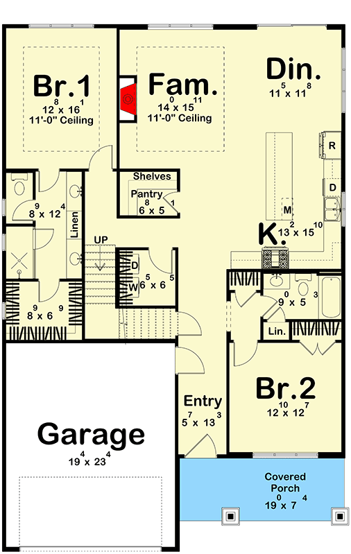Plan 623662DJ: New American Farmhouse House Plan with Four Bedrooms and Master Suite - Floor Plan - Main Level - Slab/Crawl Option - Craftsman, Farmhouse, New American