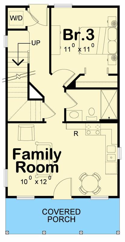 Plan 42778DB: Narrow Three Bedroom Modern Farmhouse House Plan with Efficient Layout - Floor Plan - Main Level - Cabin, Cottage, Farmhouse, Modern Farmhouse, New American