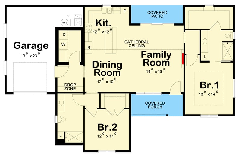 Plan 42781DB: Modern Farmhouse House Plan with 2 Bedrooms and 1-Car Garage - Floor Plan -  - Modern, Modern Farmhouse, Ranch