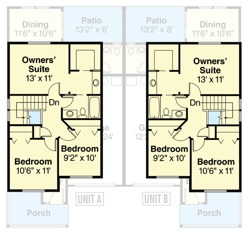 Plan 720193DA: Three Bedroom Craftsman Cottage Multi-Family House Plan with Efficient Two Story Layout - Floor Plan - - Cottage, Country, Craftsman