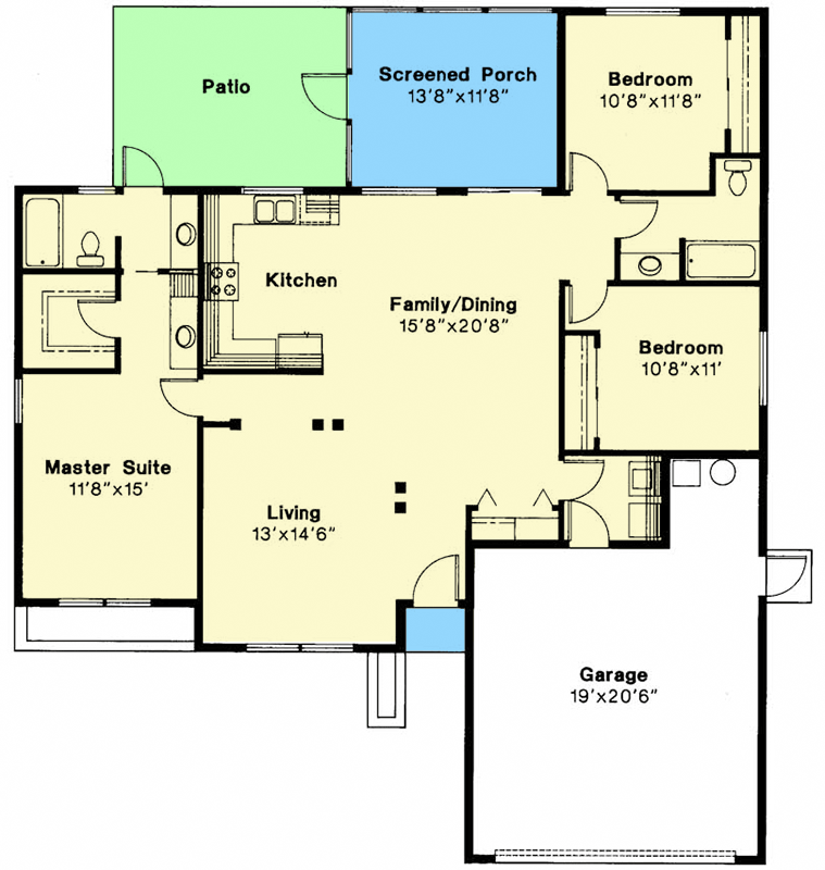Plan 720194DA: Mediterranean Ranch House Plan with Three Bedrooms and Screened Porch - Floor Plan - - Mediterranean, Ranch, Southwest