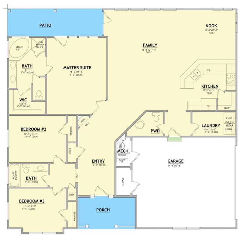 Plan 849156PGE: European Style Ranch House Plan with 3 Bedrooms and 1,747 Square Feet - Floor Plan - - European, Ranch, Traditional