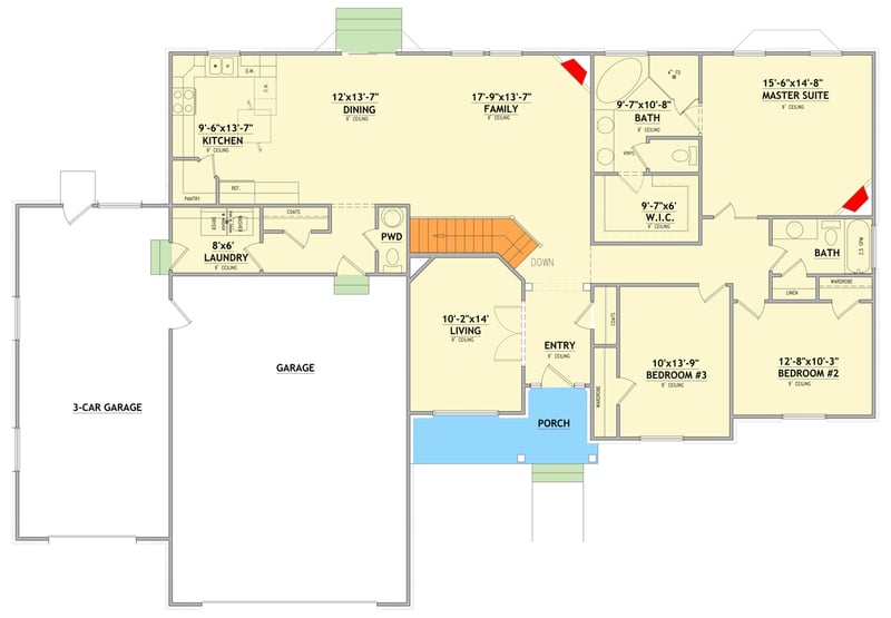 Plan 849158PGE: Southern Ranch House Plan with 3 Bedrooms and 3-Car Garage - Floor Plan - Main Level - Ranch, Southern