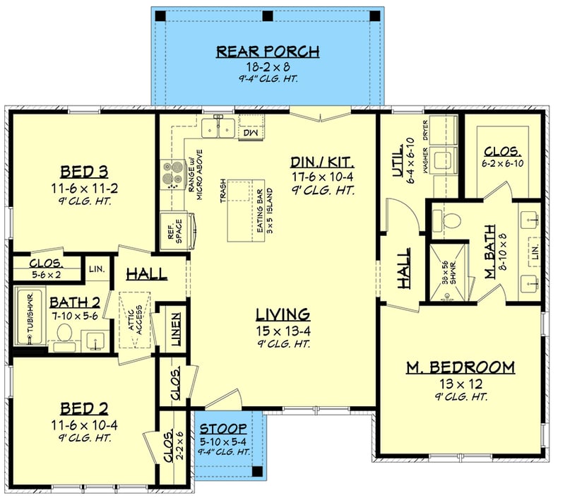 Plan 52058HZ: Charming Modern Farmhouse House Plan with Three Bedrooms and Open Layout - Floor Plan - - Country, Farmhouse, Modern Farmhouse, Traditional