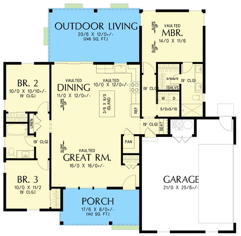 Plan 69926AM: Modern Farmhouse House Plan with Three Bedrooms and Vaulted Ceilings - Floor Plan -  - Modern Farmhouse, Ranch, Traditional