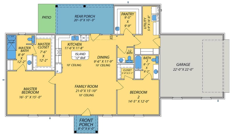 Plan 83973JW: Southern Ranch House Plan with Two Bedrooms and Two-Car Garage - Floor Plan -  - Ranch, Southern, Traditional