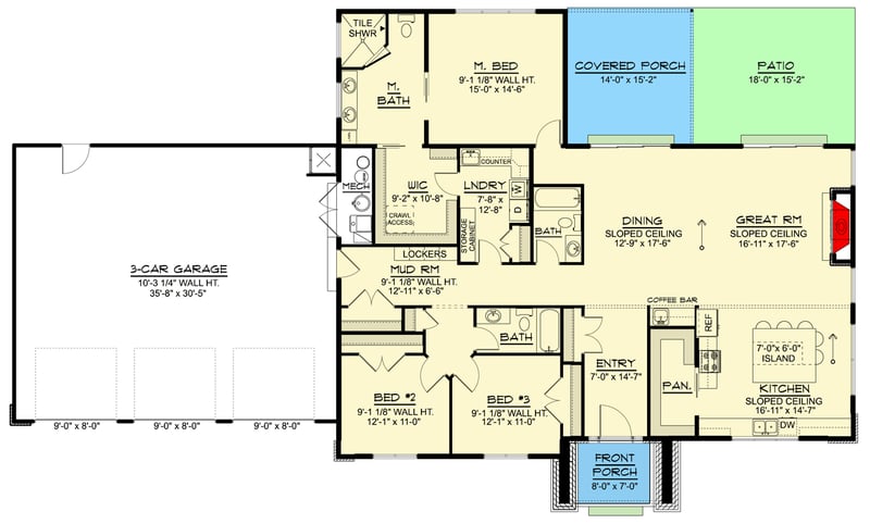 Plan 135470GRA: Contemporary Ranch House Plan with Three Bedrooms and Spacious Garage - Floor Plan - - Contemporary, Country, Craftsman, Modern, Ranch