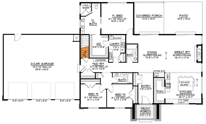 Plan 135470GRA: Contemporary Ranch House Plan with Three Bedrooms and Spacious Garage - Floor Plan - Basement Stair Location - Contemporary, Country, Craftsman, Modern, Ranch
