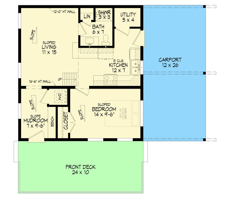 Plan 680697VR: Modern One Bedroom House Plan with Carport and Loft Space - Floor Plan - Main Level - Contemporary, Modern, Mountain, Vacation