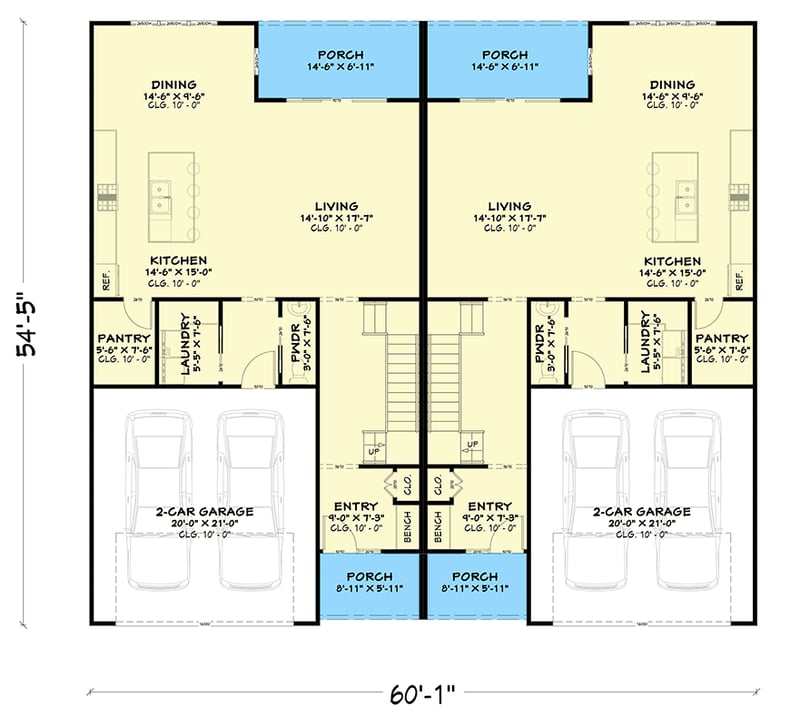 Plan 850057PKE: Modern Farmhouse Duplex House Plan with Three Bedrooms Per Unit - Floor Plan - - Country, Farmhouse, Traditional