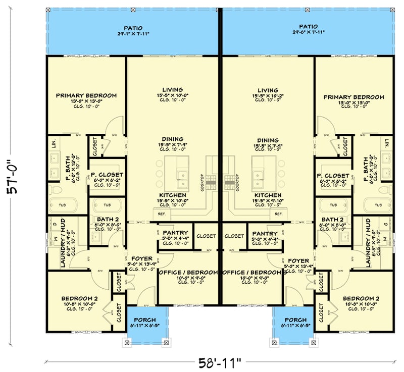 Plan 850058PKE: Farmhouse Style Duplex House Plan with Three Bedrooms - Floor Plan -  - Country, Farmhouse, Ranch