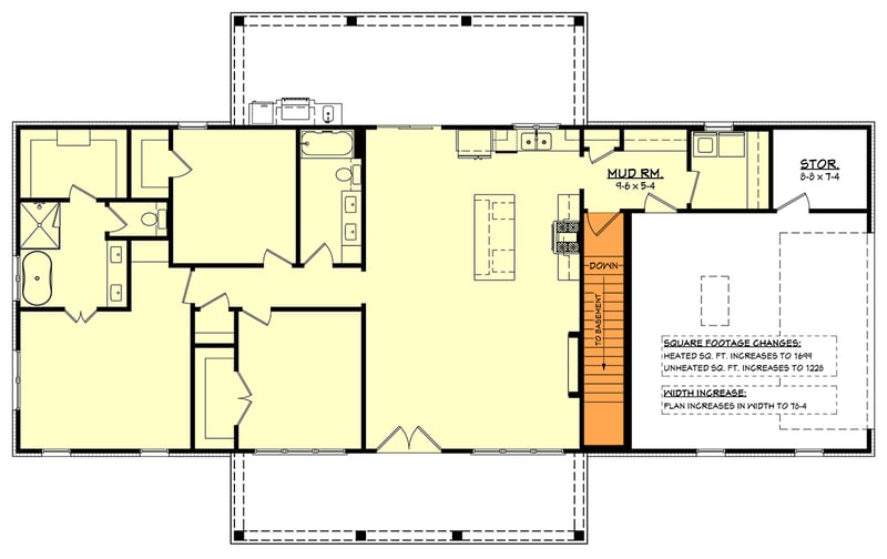 Plan 52060HZ: Barndominium Farmhouse House Plan Featuring Three Bedrooms and Covered Porches - Floor Plan - Basement Stairs Location - Barndominium, Country, Farmhouse, Traditional