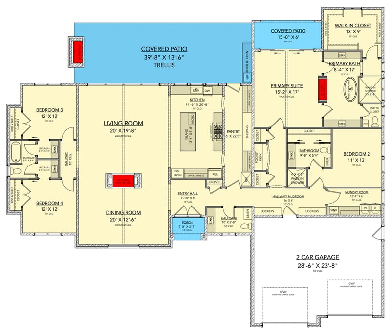 Plan 820022WSF: Hill Country House Plan with Four Bedrooms and Cathedral Ceilings - Floor Plan - - Hill Country, Modern, Transitional