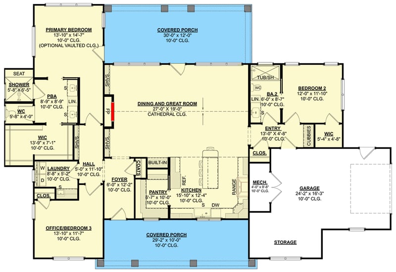 Plan 871900JEN: Country Farmhouse House Plan with Three Bedrooms and Expansive Porches - Floor Plan - - Cottage, Country, Farmhouse, Ranch