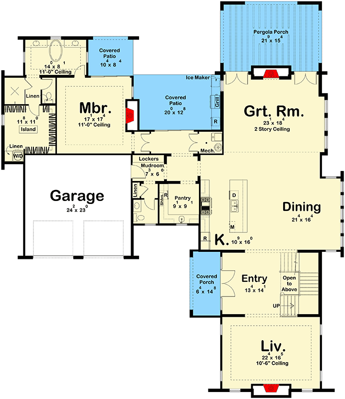 Plan 623673DJ: Coastal Contemporary House Plan with Four Bedrooms and Two-Story Great Room - Floor Plan -  - Coastal Contemporary, Contemporary, Florida-Style