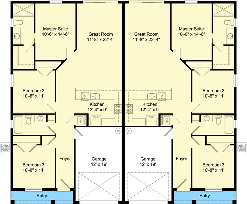 Plan 64345BT: Charming Craftsman Duplex House Plan with Three Bedrooms and Attached Garages - Floor Plan -  - Craftsman, Traditional