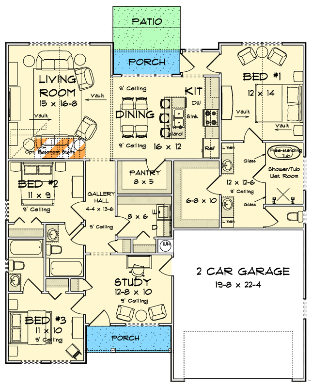 Plan 52591WM: Craftsman Cottage House Plan with Three Bedrooms and Study - Floor Plan - - Cottage, Craftsman, Traditional