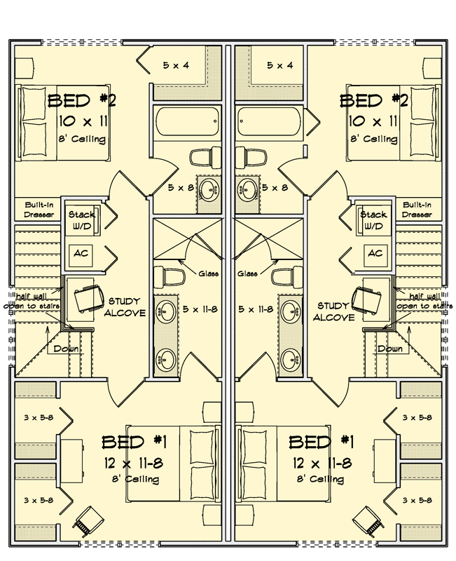 Plan 52594WM: Contemporary Two-Story Multifamily House Plan with Two Bedrooms - Floor Plan - 2nd Level - Contemporary, Modern, Victorian